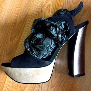 T Strap Black Suede and Rose Gold Pelle Moda Heels - sz. 9.5
